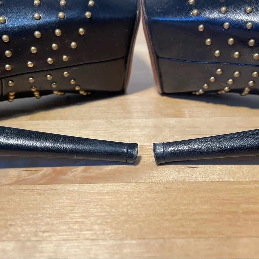 B Brian Atwood Black Studded Leather Platform Slingback Pumps Designer Heels